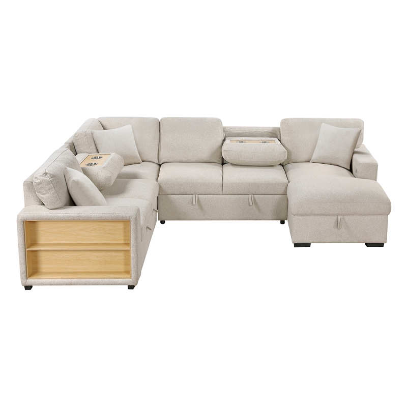 Lexicon Pompano Boucle Sectional with Right Chaise & Pull-out Bed in Beige