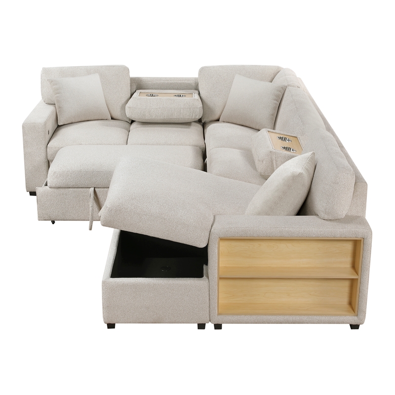 Lexicon Pompano Boucle Sectional with Right Chaise & Pull-out Bed in Beige