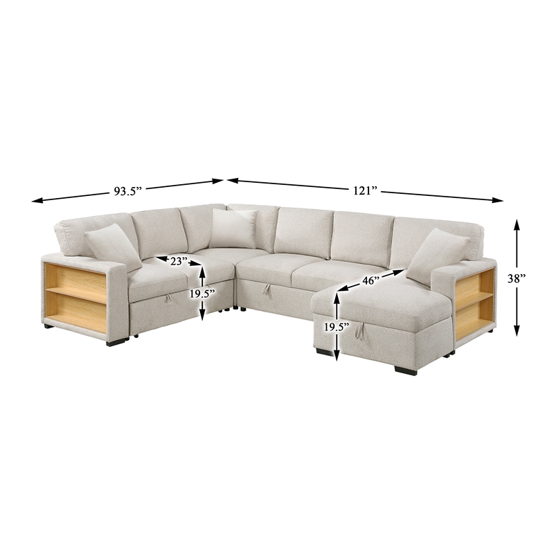Lexicon Pompano Boucle Sectional with Right Chaise & Pull-out Bed in Beige