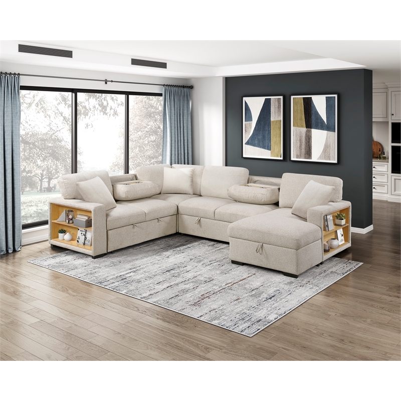 Lexicon Pompano Boucle Sectional with Right Chaise & Pull-out Bed in Beige
