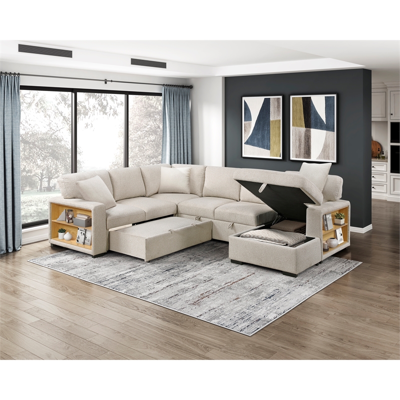 Lexicon Pompano Boucle Sectional with Right Chaise & Pull-out Bed in Beige