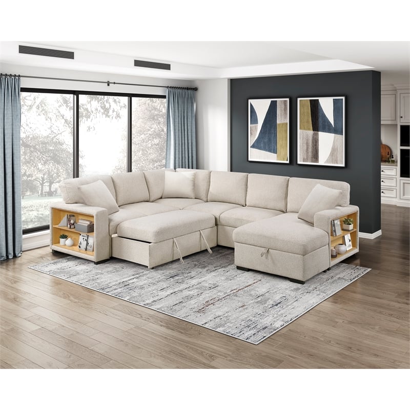 Lexicon Pompano Boucle Sectional with Right Chaise & Pull-out Bed in Beige