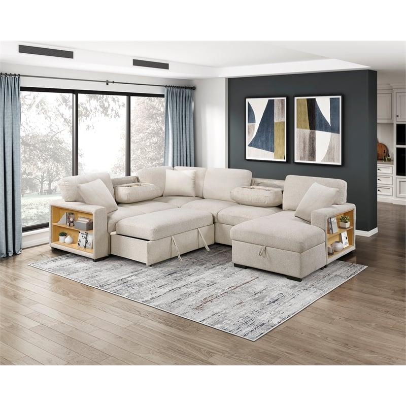 Lexicon Pompano Boucle Sectional with Right Chaise & Pull-out Bed in Beige