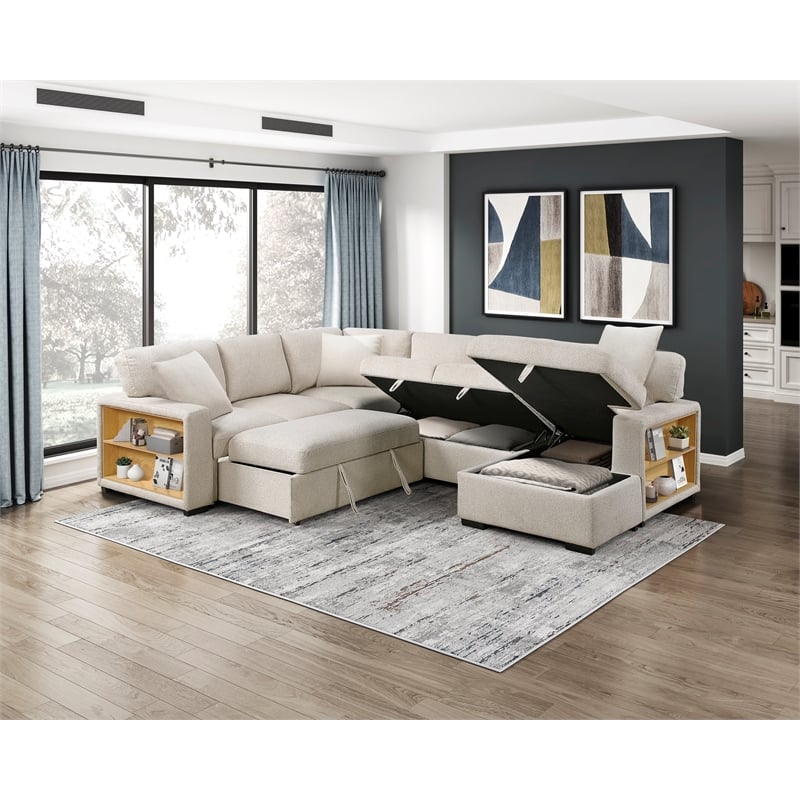 Lexicon Pompano Boucle Sectional with Right Chaise & Pull-out Bed in Beige