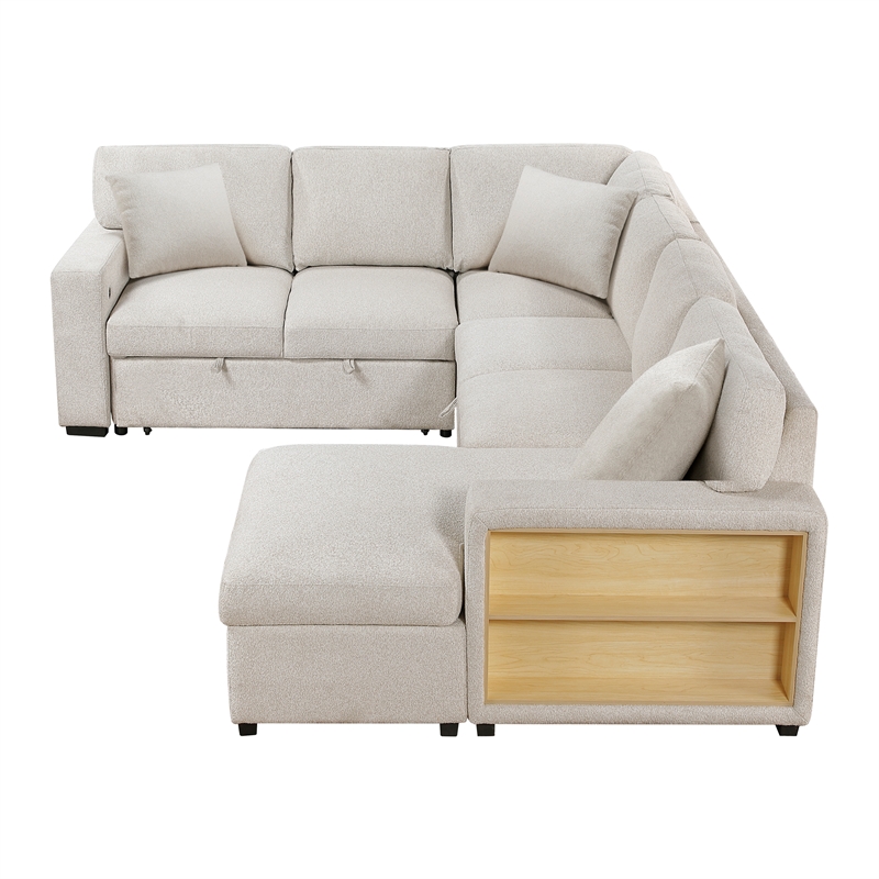 Lexicon Pompano Boucle Sectional with Right Chaise & Pull-out Bed in Beige