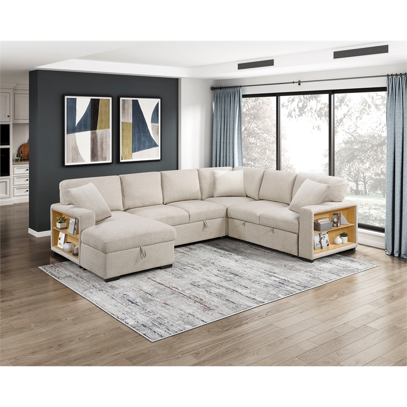 Lexicon Pompano Boucle Sectional with Left Chaise & Pull-out Bed in Beige