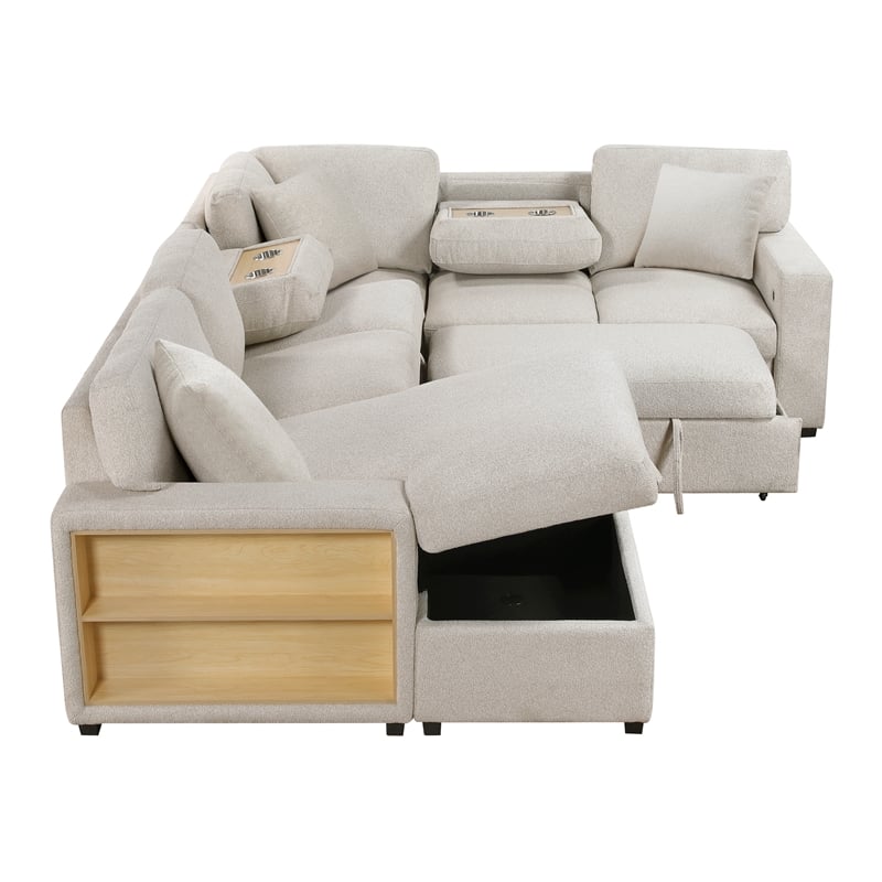 Lexicon Pompano Boucle Sectional with Left Chaise & Pull-out Bed in Beige