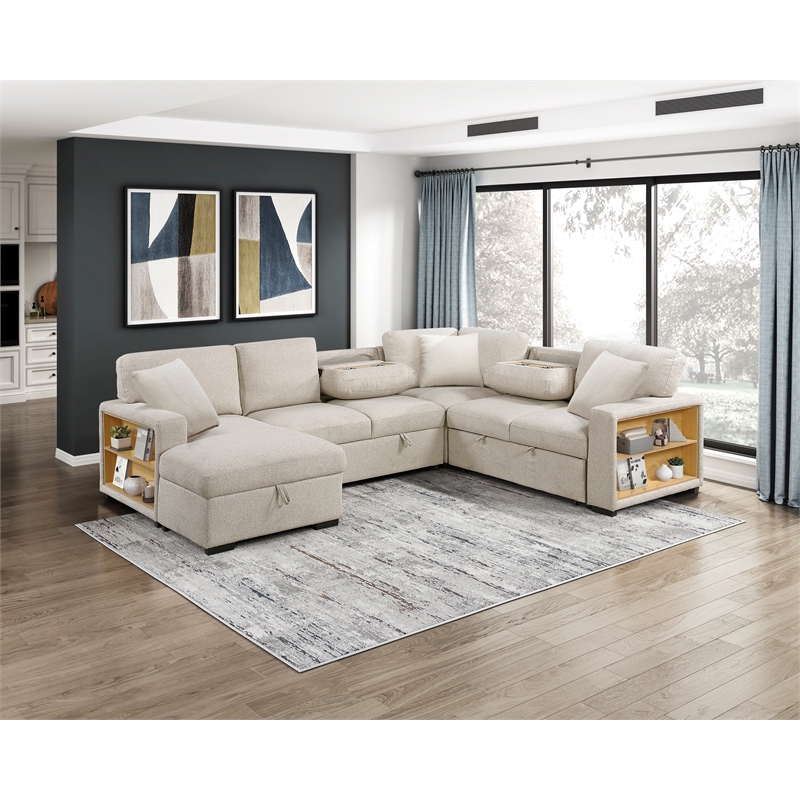 Lexicon Pompano Boucle Sectional with Left Chaise & Pull-out Bed in Beige