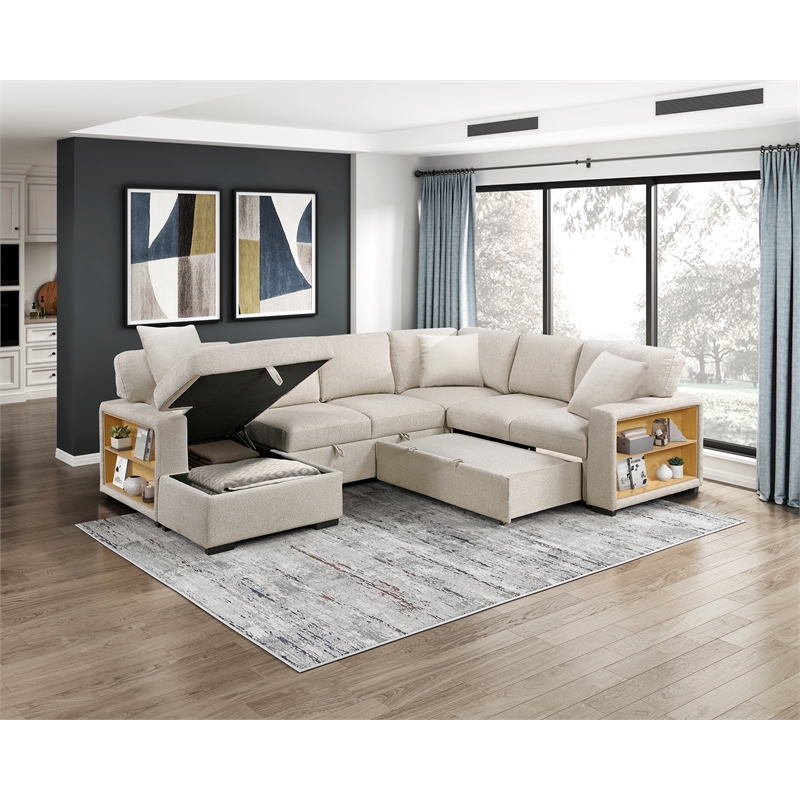 Lexicon Pompano Boucle Sectional with Left Chaise & Pull-out Bed in Beige
