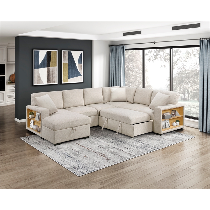 Lexicon Pompano Boucle Sectional with Left Chaise & Pull-out Bed in Beige