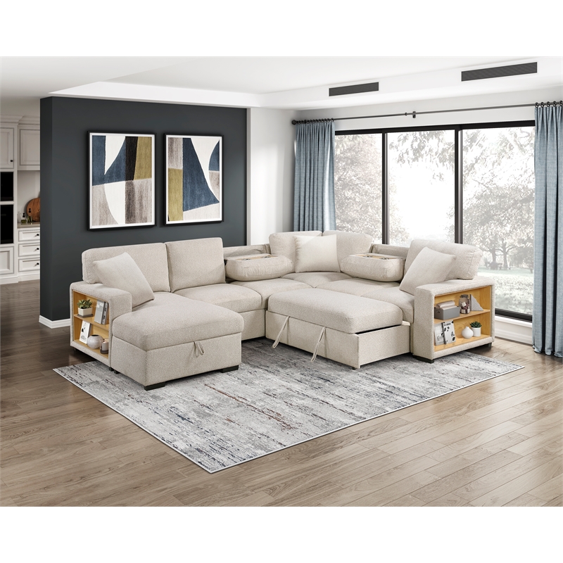 Lexicon Pompano Boucle Sectional with Left Chaise & Pull-out Bed in Beige
