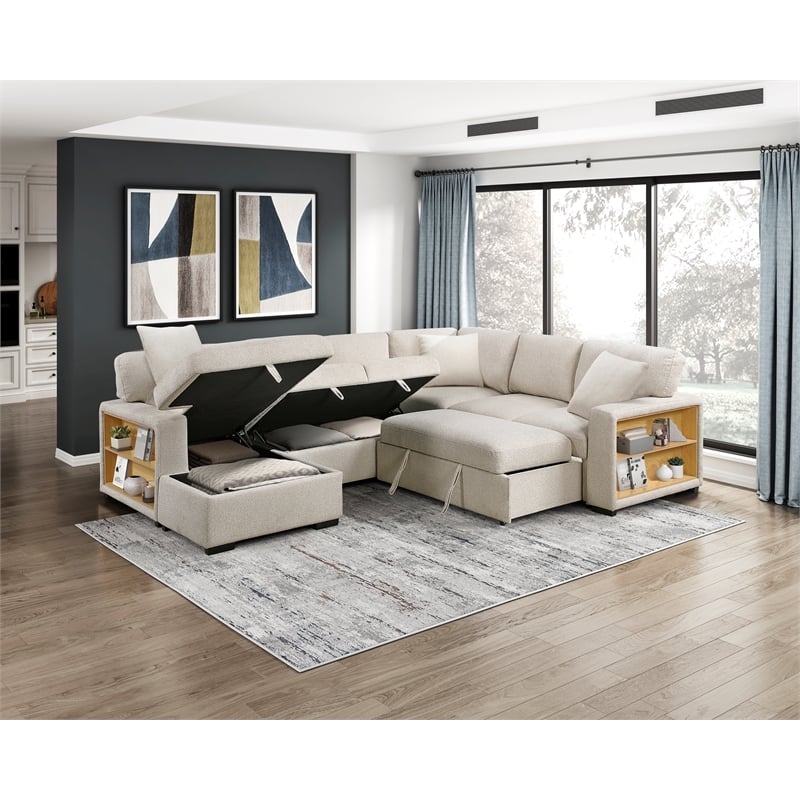 Lexicon Pompano Boucle Sectional with Left Chaise & Pull-out Bed in Beige