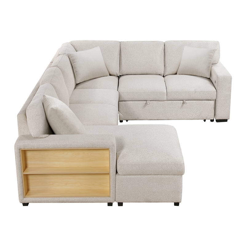 Lexicon Pompano Boucle Sectional with Left Chaise & Pull-out Bed in Beige