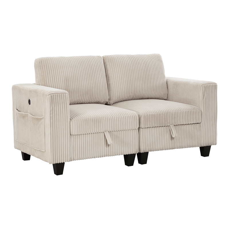 Lexicon Walterboro Corduroy Love Seat with Storage & Pouches in Beige