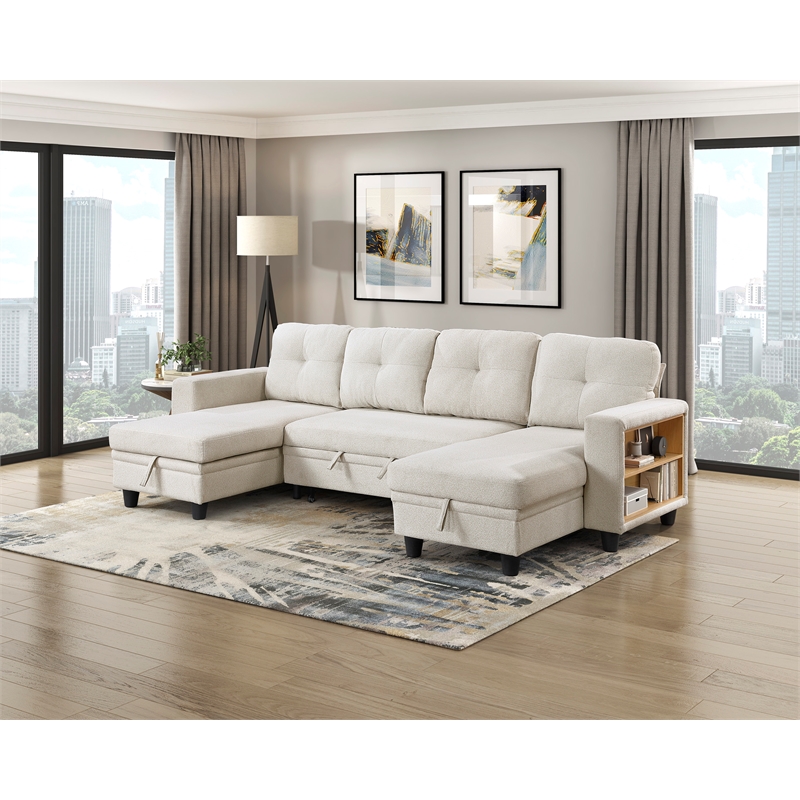 Lexicon Robinson Boucle Sectional with Two Chaises & Pull-out Bed in Beige