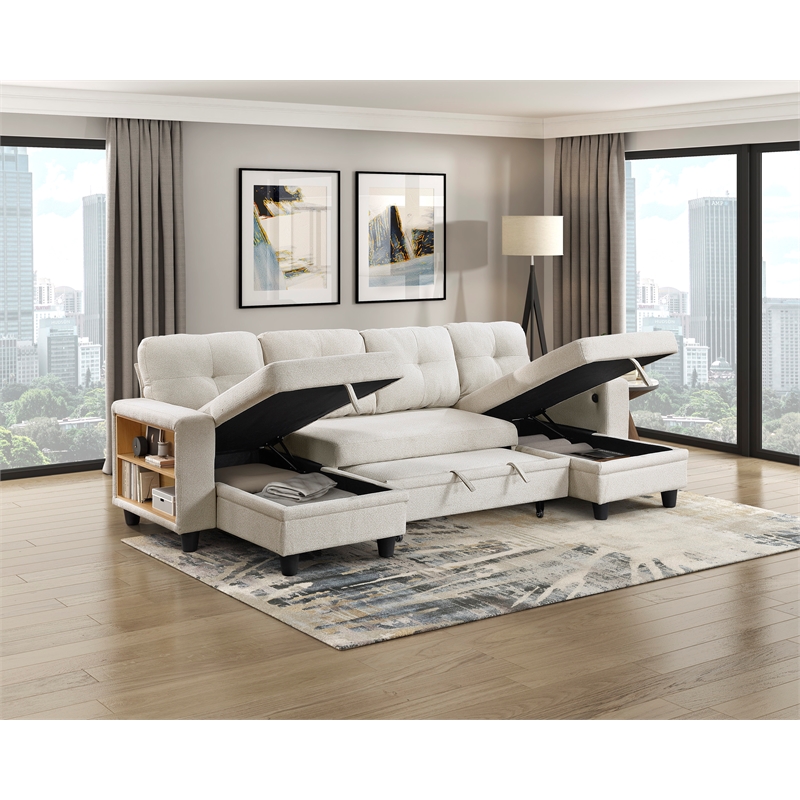 Lexicon Robinson Boucle Sectional with Two Chaises & Pull-out Bed in Beige