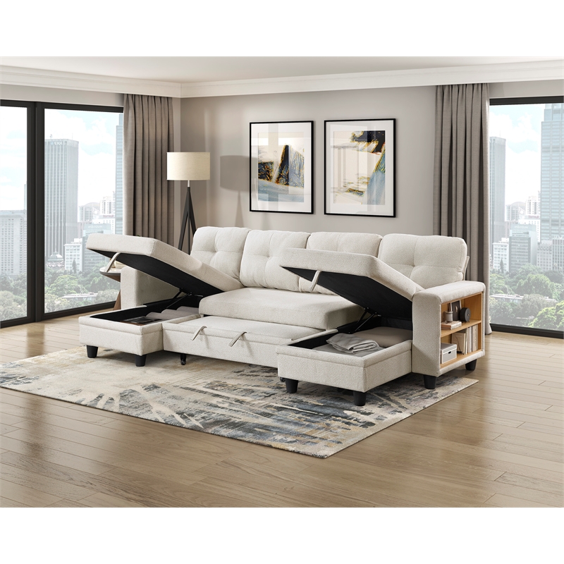 Lexicon Robinson Boucle Sectional with Two Chaises & Pull-out Bed in Beige