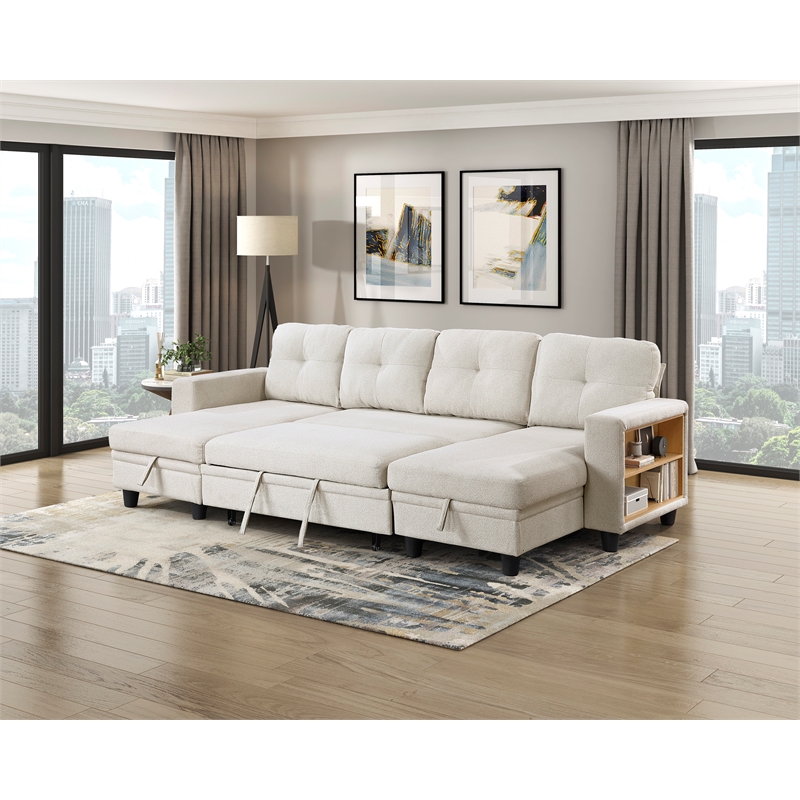Lexicon Robinson Boucle Sectional with Two Chaises & Pull-out Bed in Beige