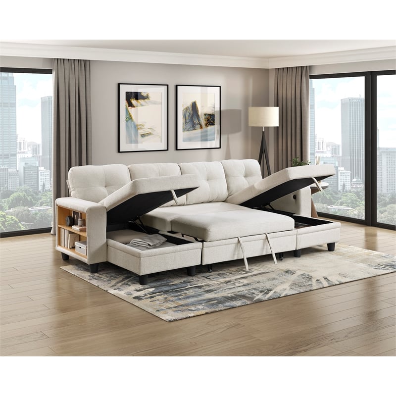 Lexicon Robinson Boucle Sectional with Two Chaises & Pull-out Bed in Beige