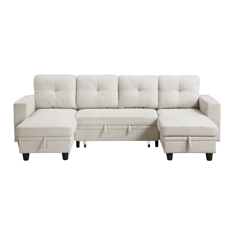 Lexicon Robinson Boucle Sectional with Two Chaises & Pull-out Bed in Beige