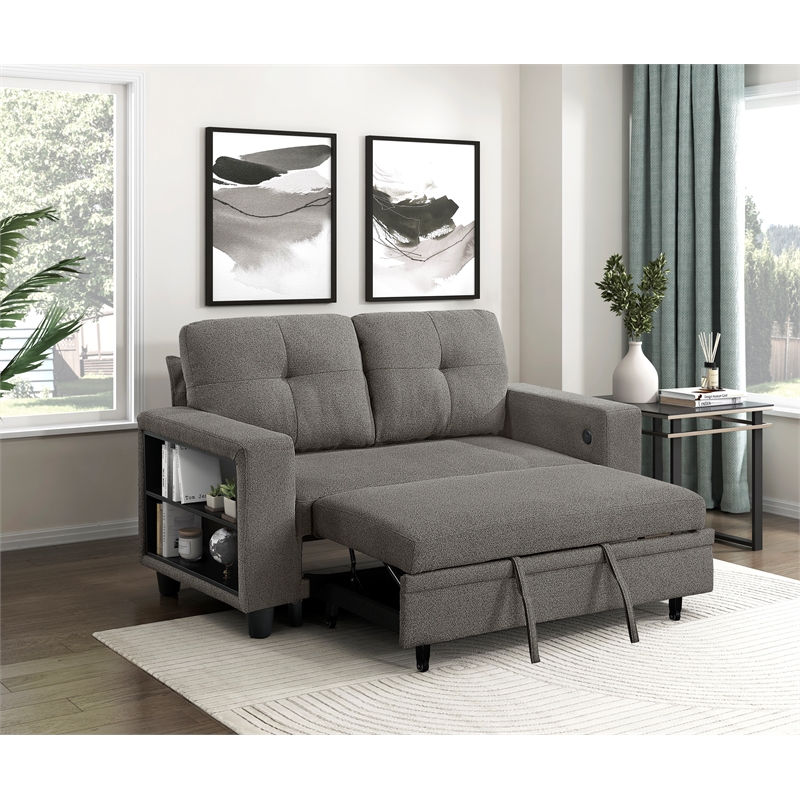 Lexicon Robinson Boucle Love Seat with Pull-out Bed & Shelves in Dark Brown
