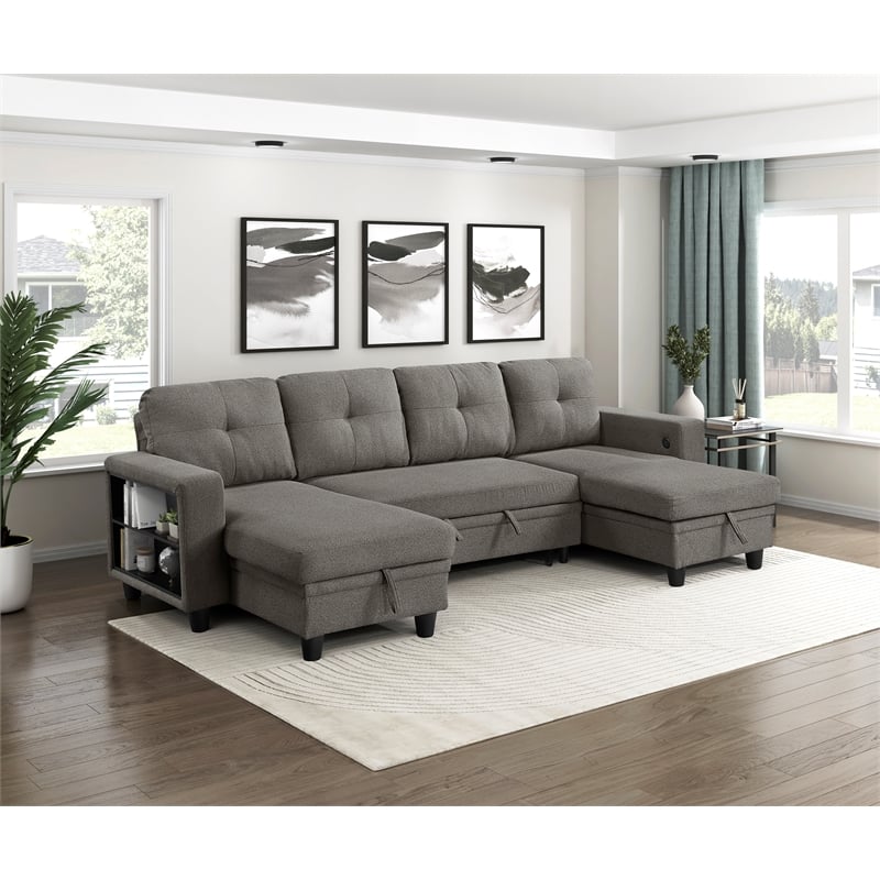 Lexicon Robinson Boucle Sectional with Two Chaises & Pull-out Bed in Dark Brown