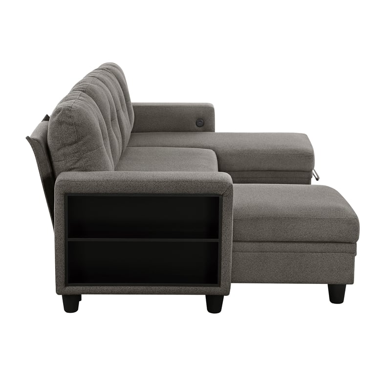 Lexicon Robinson Boucle Sectional with Two Chaises & Pull-out Bed in Dark Brown