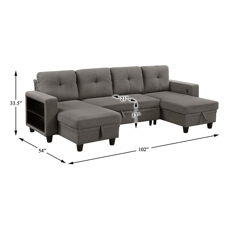 Lexicon Robinson Boucle Sectional with Two Chaises & Pull-out Bed in Dark Brown