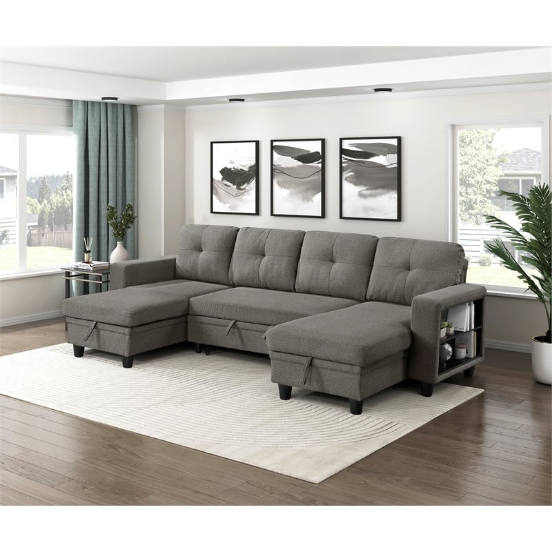 Lexicon Robinson Boucle Sectional with Two Chaises & Pull-out Bed in Dark Brown