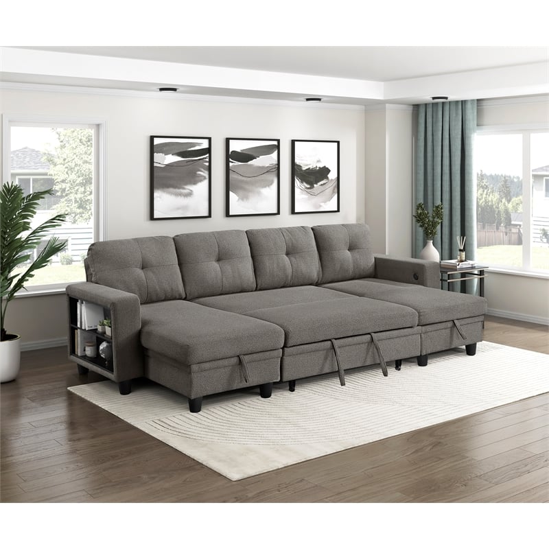 Lexicon Robinson Boucle Sectional with Two Chaises & Pull-out Bed in Dark Brown