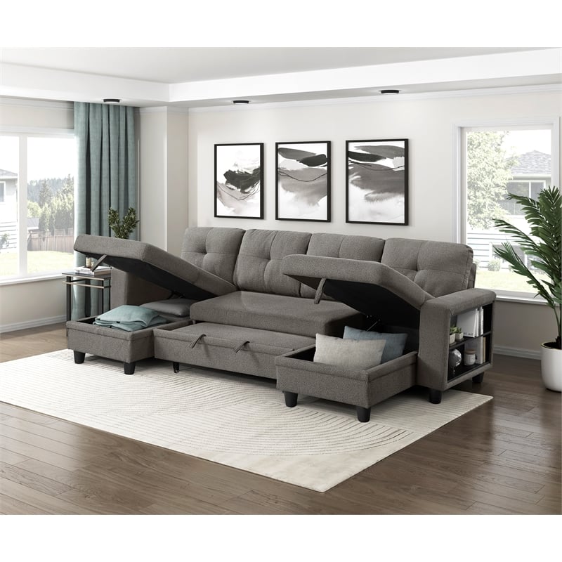 Lexicon Robinson Boucle Sectional with Two Chaises & Pull-out Bed in Dark Brown