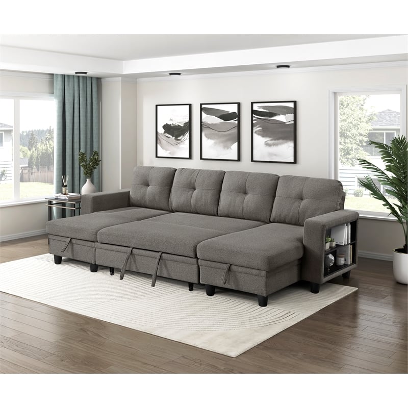 Lexicon Robinson Boucle Sectional with Two Chaises & Pull-out Bed in Dark Brown