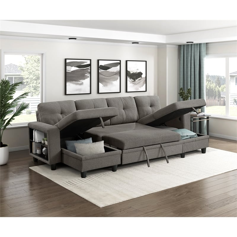 Lexicon Robinson Boucle Sectional with Two Chaises & Pull-out Bed in Dark Brown