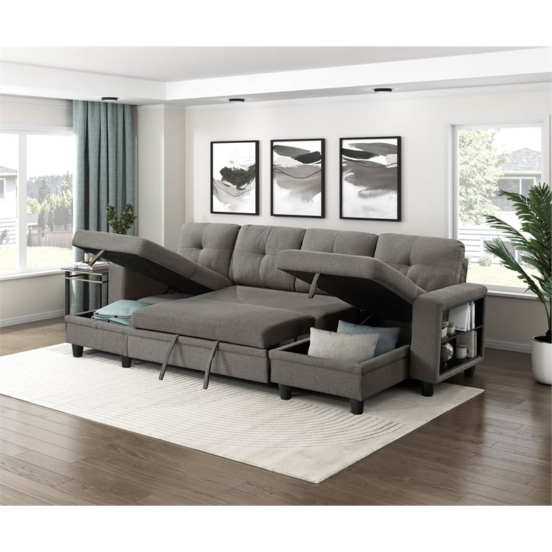 Lexicon Robinson Boucle Sectional with Two Chaises & Pull-out Bed in Dark Brown