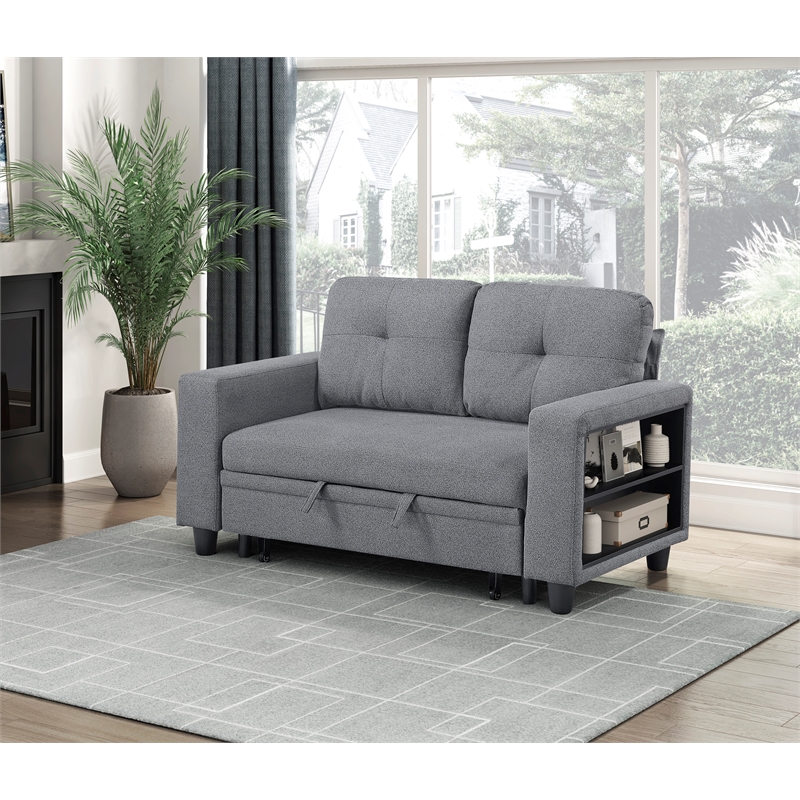 Lexicon Robinson Boucle Love Seat with Pull-out Bed & Shelves in Gray