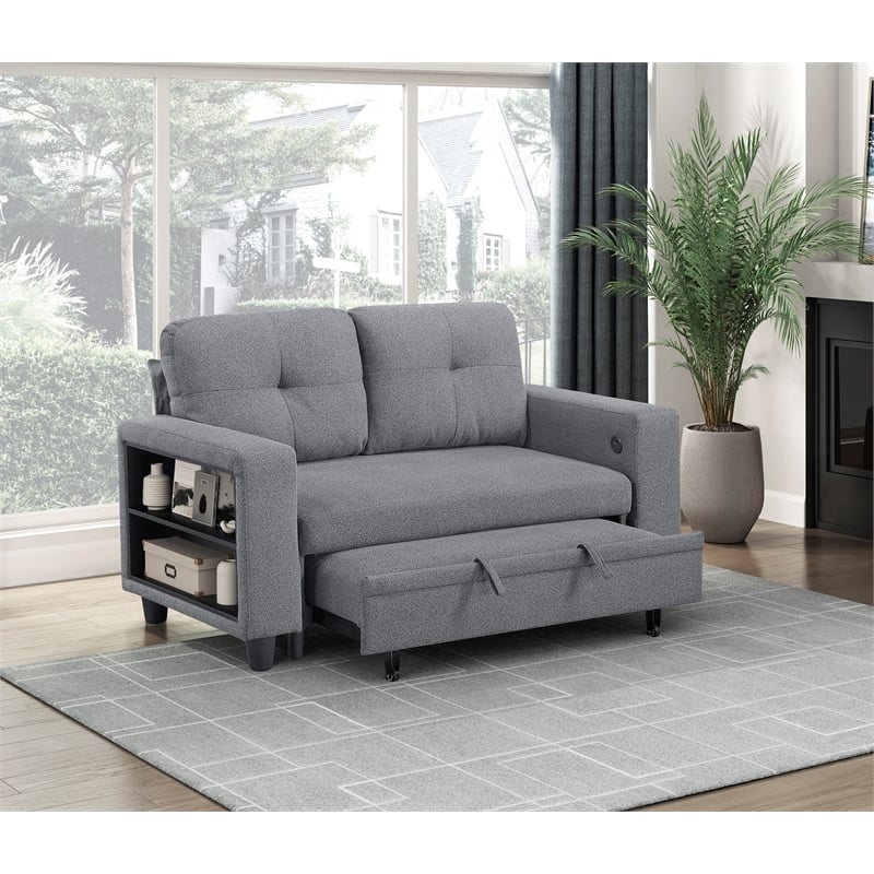 Lexicon Robinson Boucle Love Seat with Pull-out Bed & Shelves in Gray