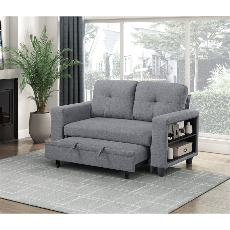 Lexicon Robinson Boucle Love Seat with Pull-out Bed & Shelves in Gray