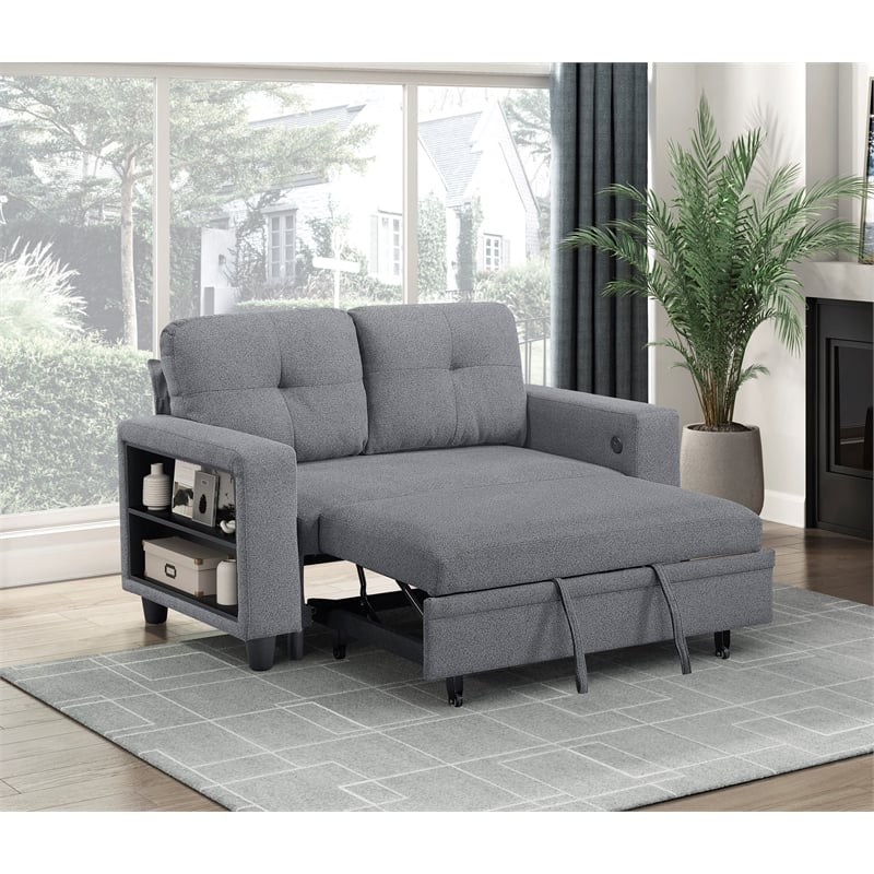Lexicon Robinson Boucle Love Seat with Pull-out Bed & Shelves in Gray