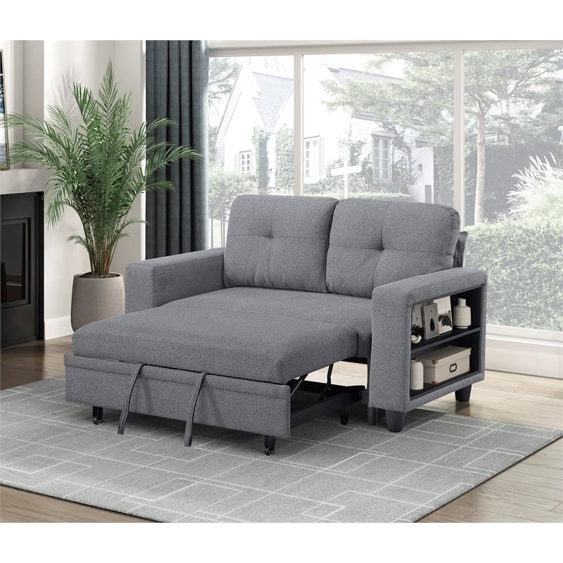 Lexicon Robinson Boucle Love Seat with Pull-out Bed & Shelves in Gray