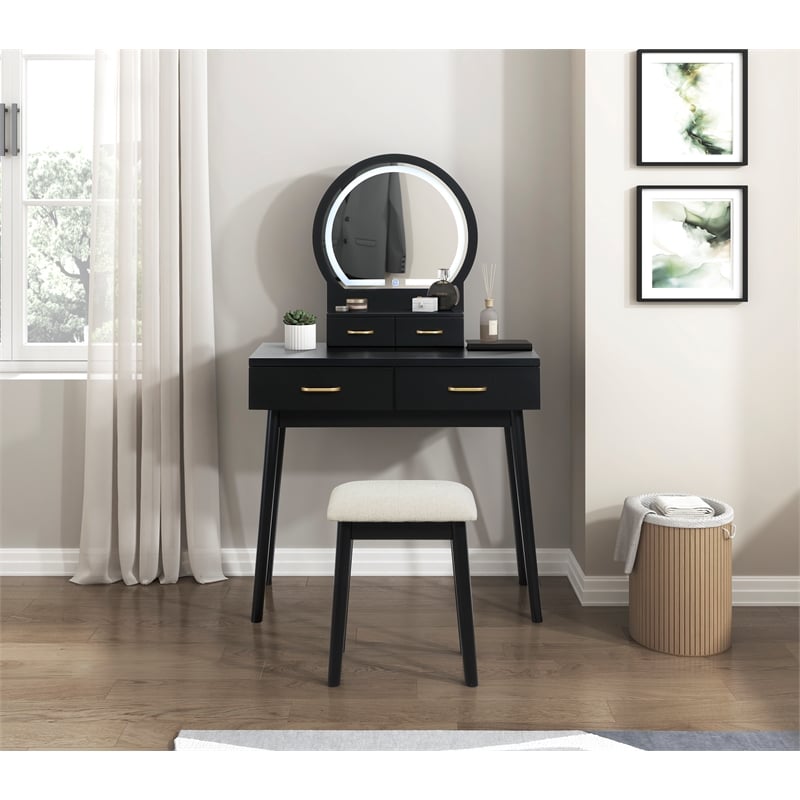 Lexicon Camilla Acacia Vanity Dresser with Mirror and Stool in Black