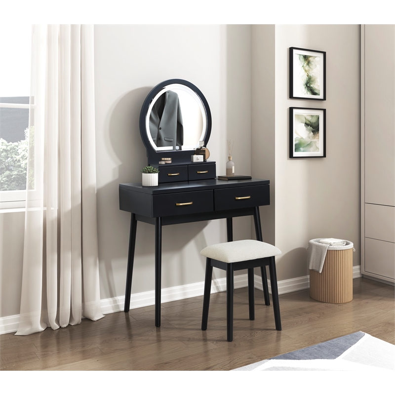 Lexicon Camilla Acacia Vanity Dresser with Mirror and Stool in Black