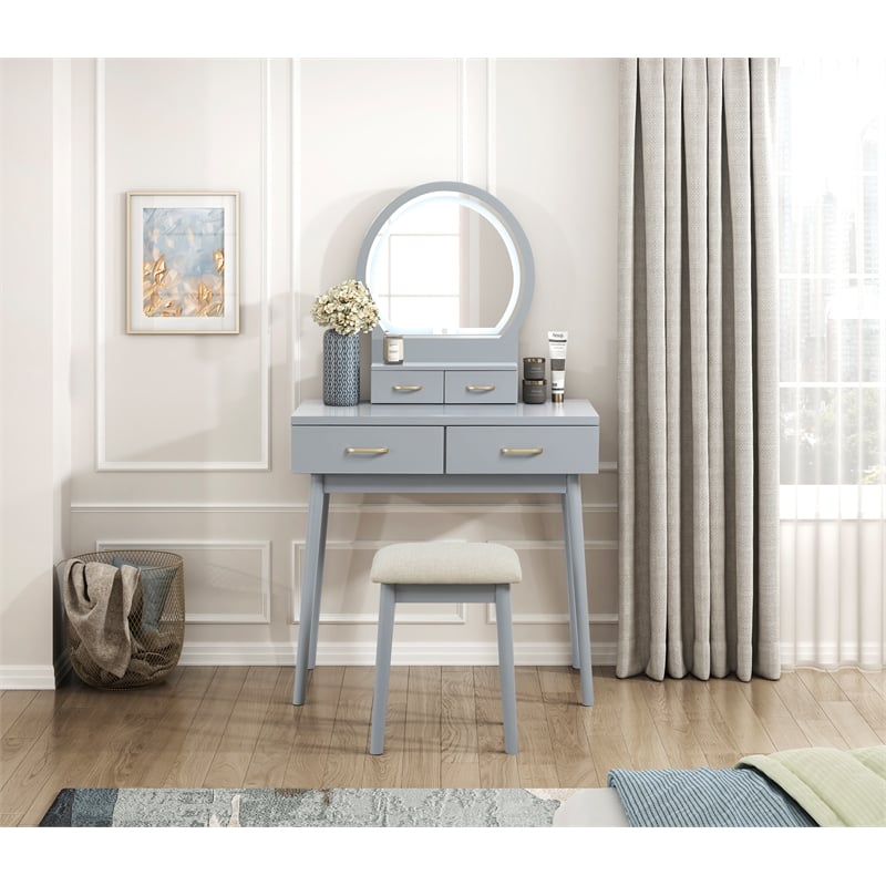 Lexicon Camilla Acacia Vanity Dresser with Mirror and Stool in Gray