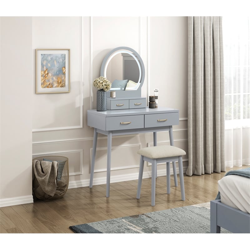 Lexicon Camilla Acacia Vanity Dresser with Mirror and Stool in Gray