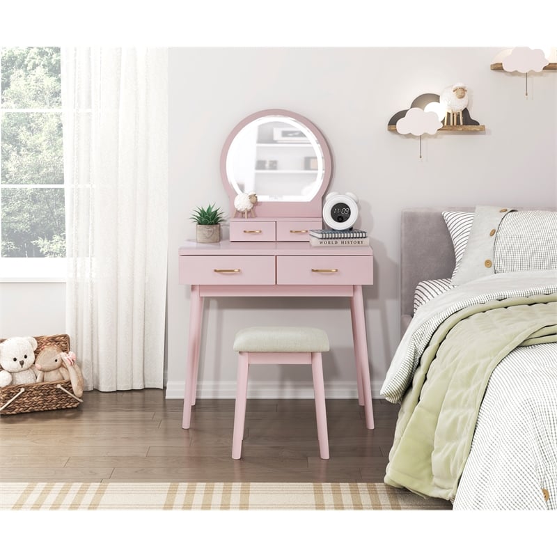 Lexicon Camilla Acacia Vanity Dresser with Mirror and Stool in Pink