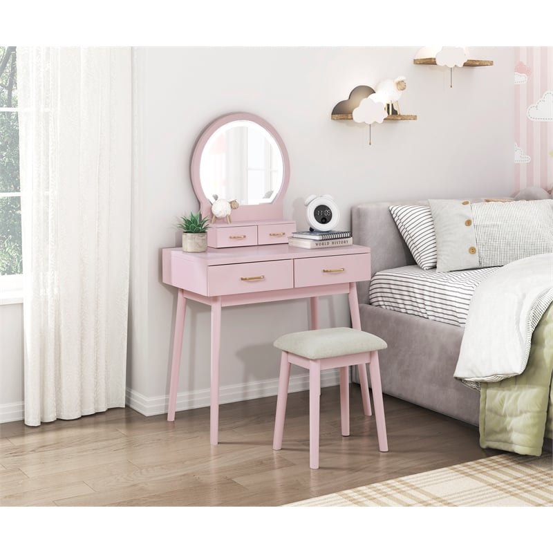 Lexicon Camilla Acacia Vanity Dresser with Mirror and Stool in Pink