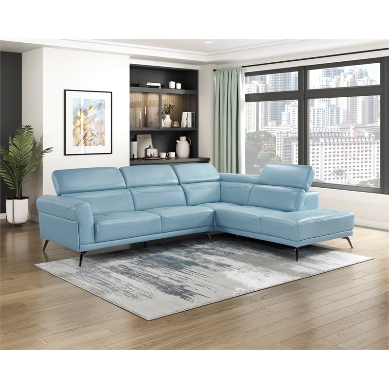 Lexicon Giselle Leather 2-Piece Sectional with Right Side Chaise in Blue