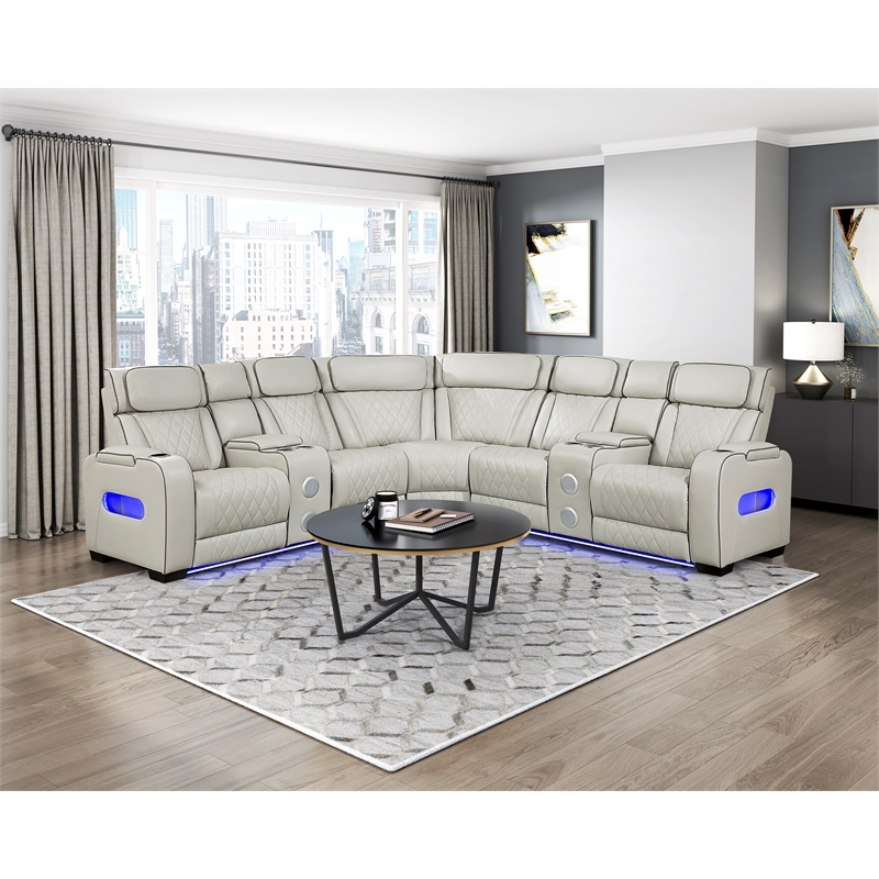 Lexicon Fairway Faux Leather 3-Piece Pwr Rclng Sectional with Consoles in Taupe