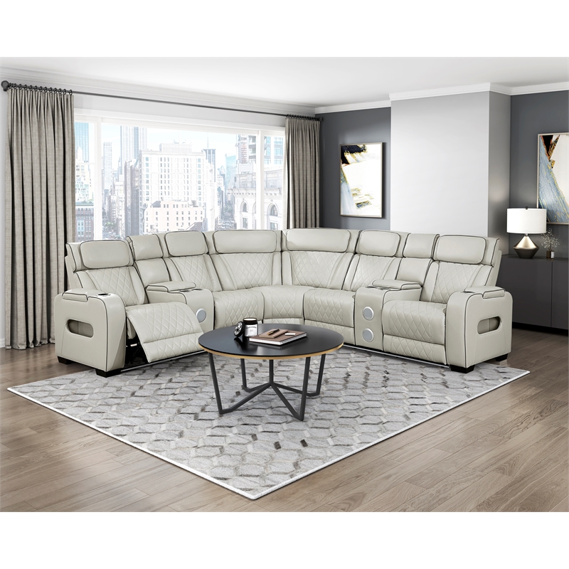 Lexicon Fairway Faux Leather 3-Piece Pwr Rclng Sectional with Consoles in Taupe