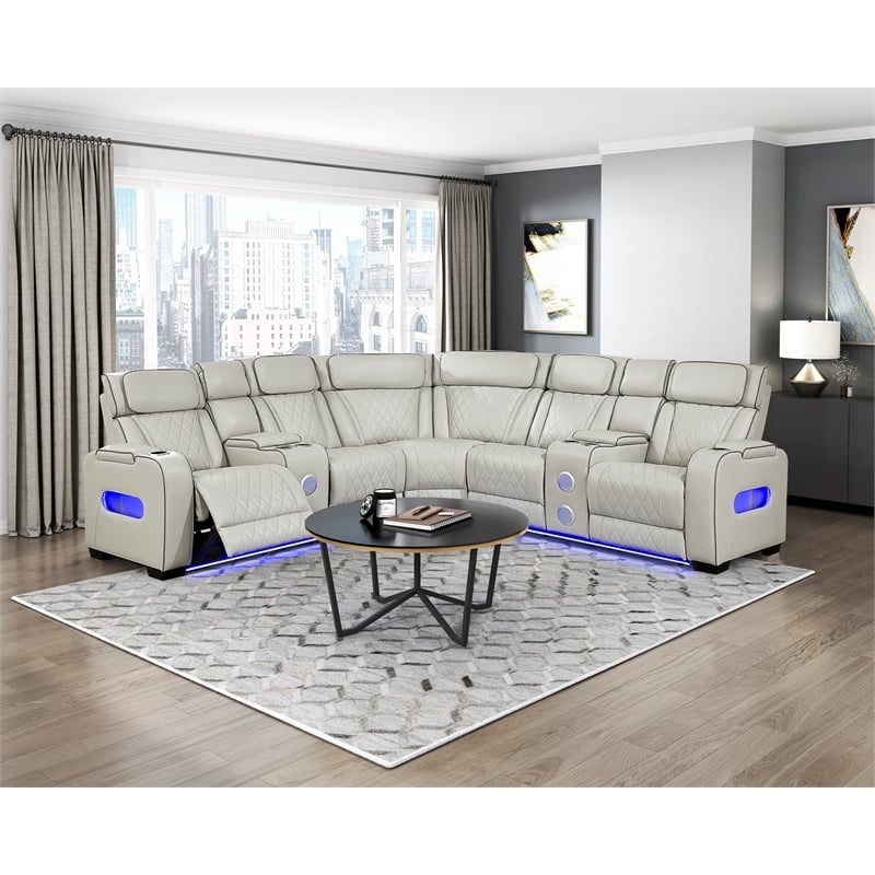 Lexicon Fairway Faux Leather 3-Piece Pwr Rclng Sectional with Consoles in Taupe