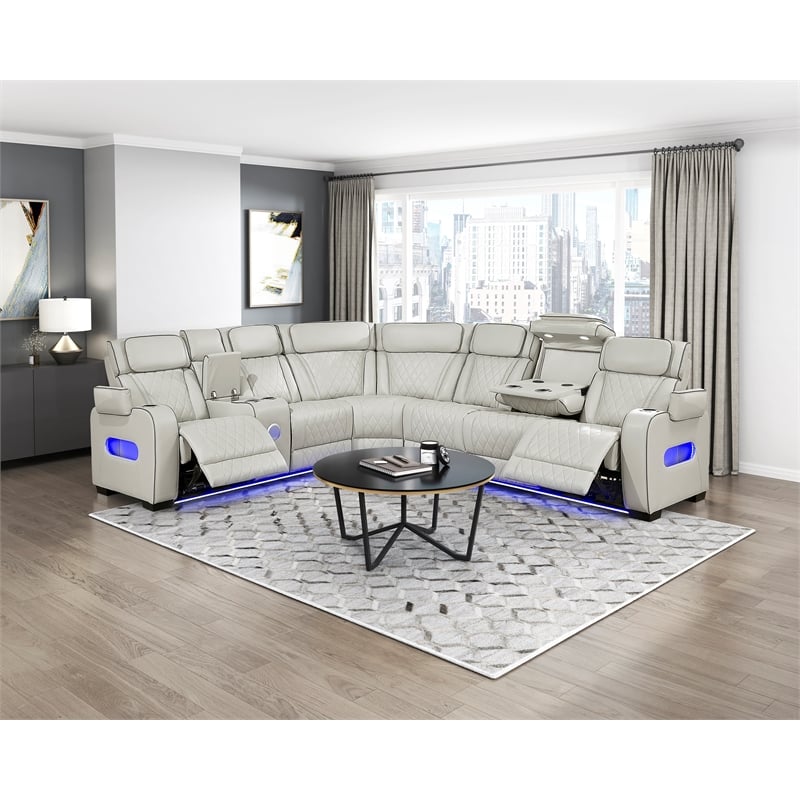 Lexicon Fairway Faux Leather 3-Piece Pwr Rclng Sectional in Taupe